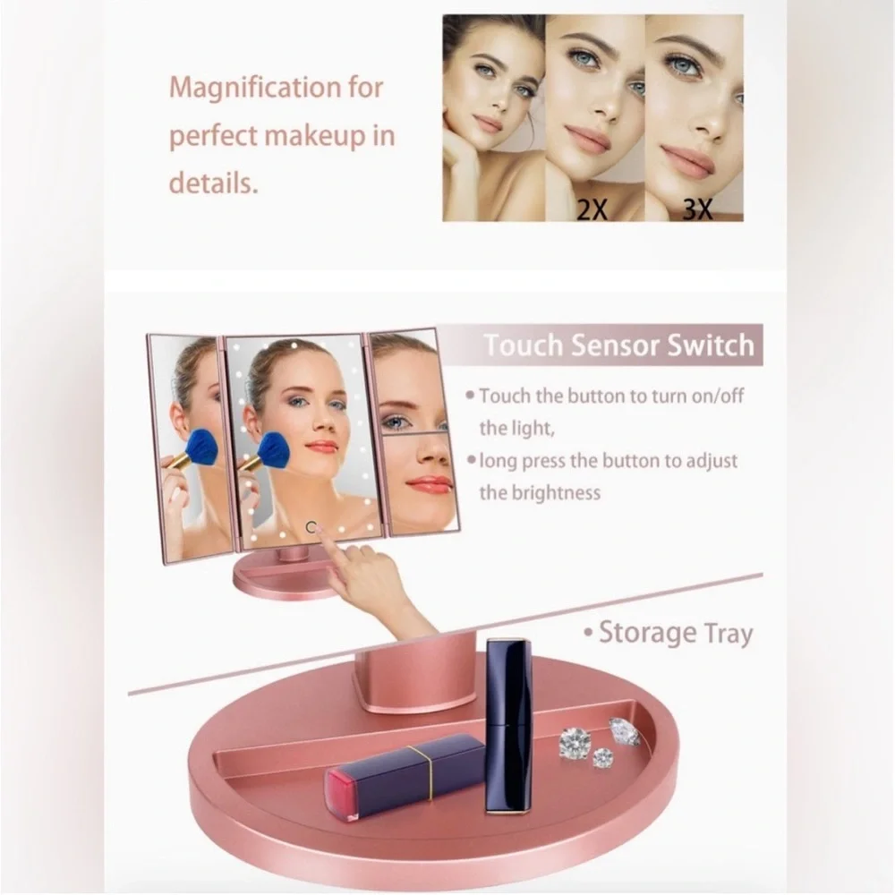 DeWeisn Trifold Lighted Vanity Mirror‎ Makeup Cosmetic Dimmable Magnifying EUC